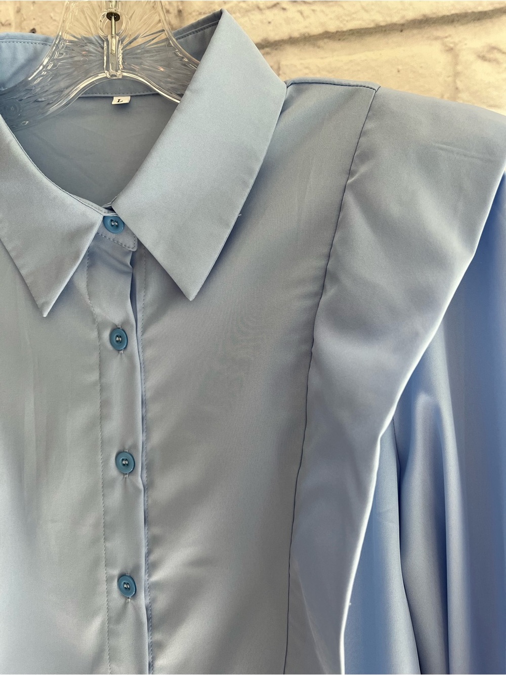 Women’s Light Powder Blue Ruffle Button Front Collared Blouse Size L - Picture 3 of 10